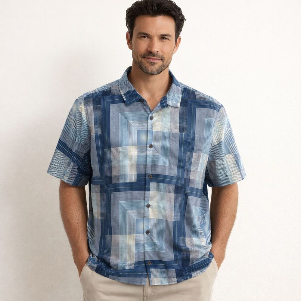 Tommy Bahama 100% Silk Shirt Mens Sz XL Blue Geometric Short Sleeve Button Up